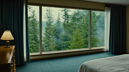 Fototapeta premium Large windows showcase a misty forest view in this inviting bedroom, complete with a comfortable bed and soft lighting creating a peaceful atmosphere