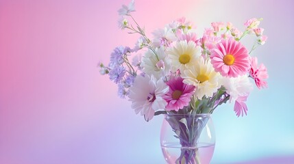 Fototapeta premium An elegant arrangement of fresh flowers in a glass vase, set against a soft pastel colored backdrop