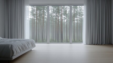Fototapeta premium Large windows showcase a misty forest view in this inviting bedroom, complete with a comfortable bed and soft lighting creating a peaceful atmosphere