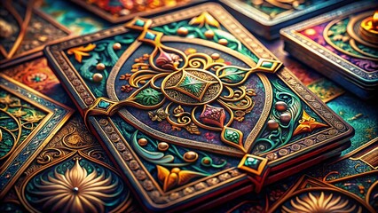 A close-up shot of a fantasy-themed playing card design with intricate illustrations, ornate borders, and vibrant colors, showcasing a visually stunning and immersive game experience.