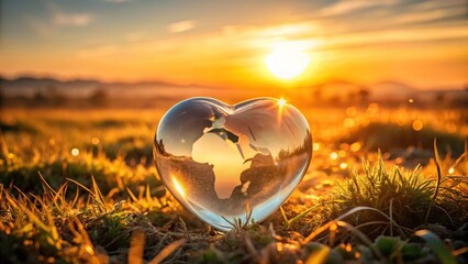 Close-up shot of heart shaped globe on glass field during sunrise
