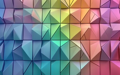 Fototapeta premium Futuristic, High Tech, rainbow background, with a triangular block structure. Wall texture with a 3D triangle tile pattern. 3D render --ar 8:5 --v 6.1 Job ID: cab677b9-ecb8-457c-8583-1fe62963f358