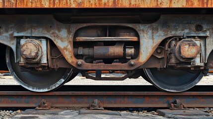 Naklejka premium A detailed close-up of a train wheel on a railway track, showcasing the intricate mechanics and rust