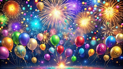 A colorful, animated gif featuring sparkling fireworks, confetti, and balloons in a whimsical celebration of the start of a new year.