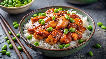 Close-up shot of teriyaki chicken with rice and edamame beans in gray bowl, Japanese cuisine