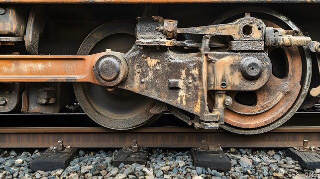 A detailed close-up of a train wheel on a railway track, showcasing the intricate mechanics and rust