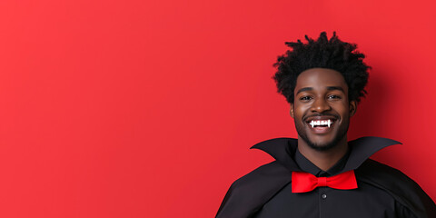 Close up of a young black vampire in black cape and red bow tie with copy space for text. African american man with vampire fangs smiling against red background.