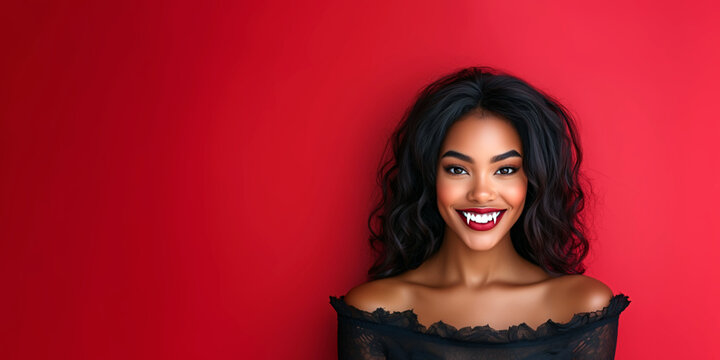 Smiling young black girl in vampire costume with red lips and fangs. Prety vampire african american girl dressed in black dress with lace on a red background. Halloween party background or poster.