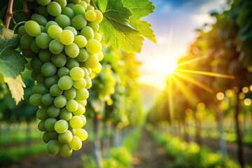 Close-up still life of green grapes in vineyard with sunny background