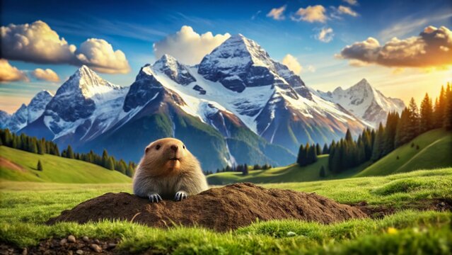 A comically exaggerated illustration of a small molehill in the foreground overshadowed by an enormous, towering mountain range in the background, symbolizing exaggeration.