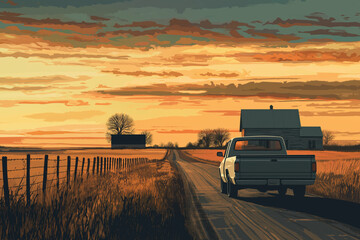 Fototapeta premium A truck is driving down a road in a rural area