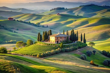 Obraz premium Close-up Tuscany landscape and farmhouse in the hills of Val d'Orcia