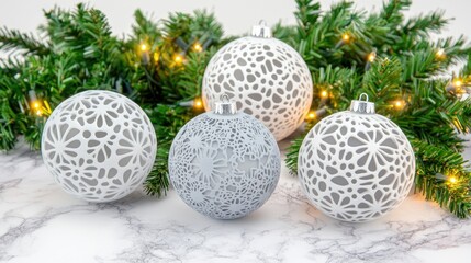 Five delicate glass ornaments in silver and white, adorned with lace patterns, rest on a marble surface, illuminated by soft lighting and complemented by light fabric and greenery