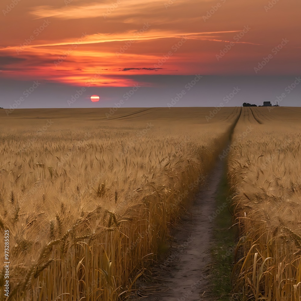 Wall mural wheat field on sunset