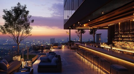 Sleek rooftop bar with panoramic city views, combining modern architecture and vibrant nightlife.