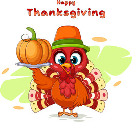 Thanksgiving Card. Turkey with Hat and Pumpkin
