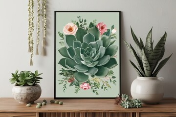 Sage Succulent Wall Art Print in Soft Green Botanical Design for Boho Decor