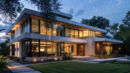 Fototapeta premium Modern Luxury Home with Expansive Windows and Stunning Nighttime Lighting