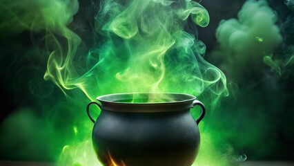 Black Witch Cauldron with Green Smoke Rising, Mystical Halloween Potion Concept