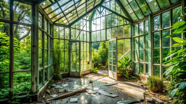 A delicate glass-walled conservatory surrounded by lush greenery, with cracks and broken shards scattered on the floor, contrasting fragility and resilience.