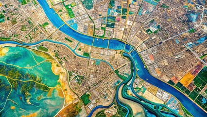 Obraz premium A detailed satellite map of Baghdad, Iraq, showcasing the Tigris River, city limits, major roads, and notable landmarks in a vibrant color palette.