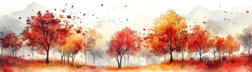 Vibrant autumn landscape featuring colorful trees and falling leaves, capturing the essence of the fall season in a serene setting.