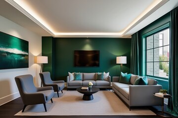 Minimalist Lounge Design with Grey Armchair and Emerald Green Wall