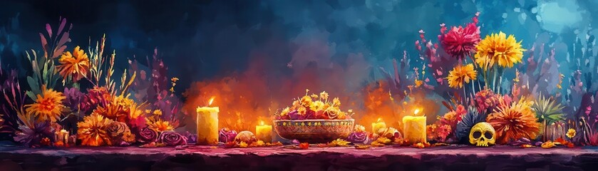A vibrant altar adorned with colorful flowers, candles, and a decorative skull, creating a festive and mystical atmosphere.