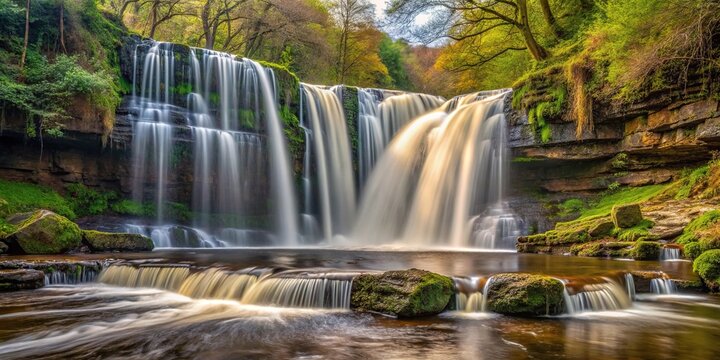 Close-up view of Sgwd Ddwli Isaf waterfalls on the river Neath in South Wales