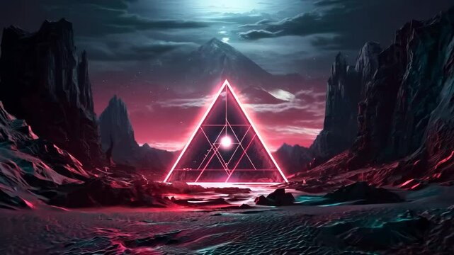 Glowing futuristic neon pyramid against night starry sky. Alien planet. Teleportation to another world. Science fiction concept. Cyberspace metaverse gaming wallpaper. Abstract sci-fi background