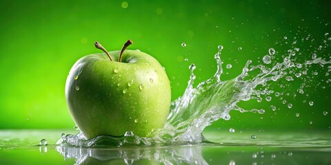 Close-up water splashing on fresh green apple against green background