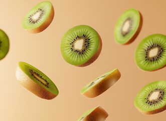 Fototapeta premium Falling kiwi fruit slices on a beige background with copy space. Background for product presentation design. concept of fresh and healthy food.