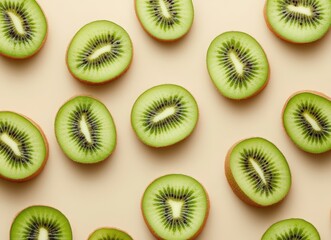 Fototapeta premium Falling kiwi fruit slices on a beige background with copy space. Background for product presentation design. concept of fresh and healthy food.