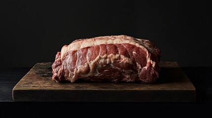 A large, raw pork shoulder, rugged in texture, laid on a deep dark wooden cutting board, casting dramatic shadows on a black background