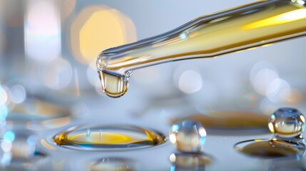 Pipette releasing oil drops, neutral background, high-resolution detail