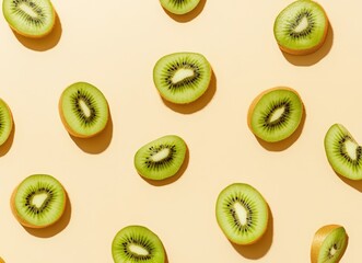 Fototapeta premium Falling kiwi fruit slices on a beige background with copy space. Background for product presentation design. concept of fresh and healthy food.