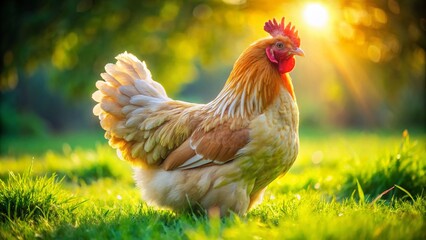 Fototapeta premium A fluffy golden laced Cochin chicken stands proudly in a lush green meadow, its soft feathers glistening in the warm sunlight, showcasing its gentle beauty.