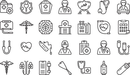 vector line art medical icons set with background