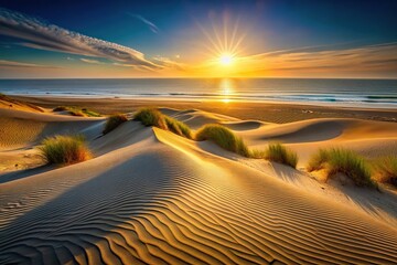 Naklejka premium Coastal dune landscape with golden light and distant horizons