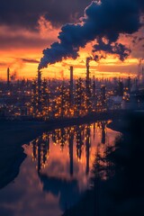 Fototapeta premium Industrial plant silhouetted against a fiery sunrise with smoke plumes reflected in the water.