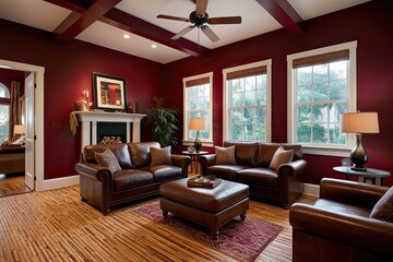 Fototapeta premium Cozy Living Room with Leather Seating Bamboo Flooring and Burgundy Walls