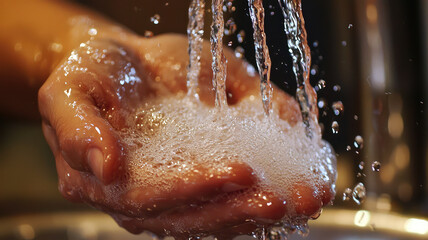 Fototapeta premium A close up of liquid soap being dispensed into persons hand, creating bubbly texture