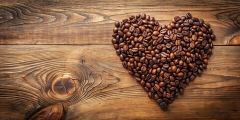 Coffee beans arranged as heart on wooden table in retro style