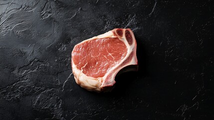 A thick, raw pork chop with marbled fat, glistening under subtle light on a textured dark black background