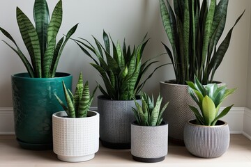 Fototapeta premium Stylish Houseplant Collection featuring Various Sansevieria in Modern Containers