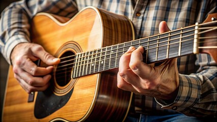 Fototapeta premium A guitarist's hands form a C7 chord on a fretboard, fingers pressing strings to create a rich, resonant harmony on a wooden acoustic guitar.