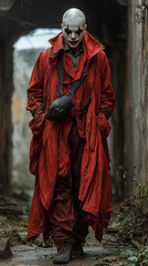 Man in a Halloween red costume. Full body shot. Professional photo. Horror.