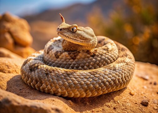 A horned viper, Cerastes cerastes, coiled on a desert rock, its scaly body blending with the arid terrain,