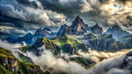Fototapeta premium A majestic mountain range shrouded in a thick layer of grey clouds, with misty wisps clinging to rugged peaks and verdant valleys below.