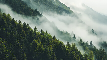 A foggy mountain landscape with dense pine forests creates serene atmosphere